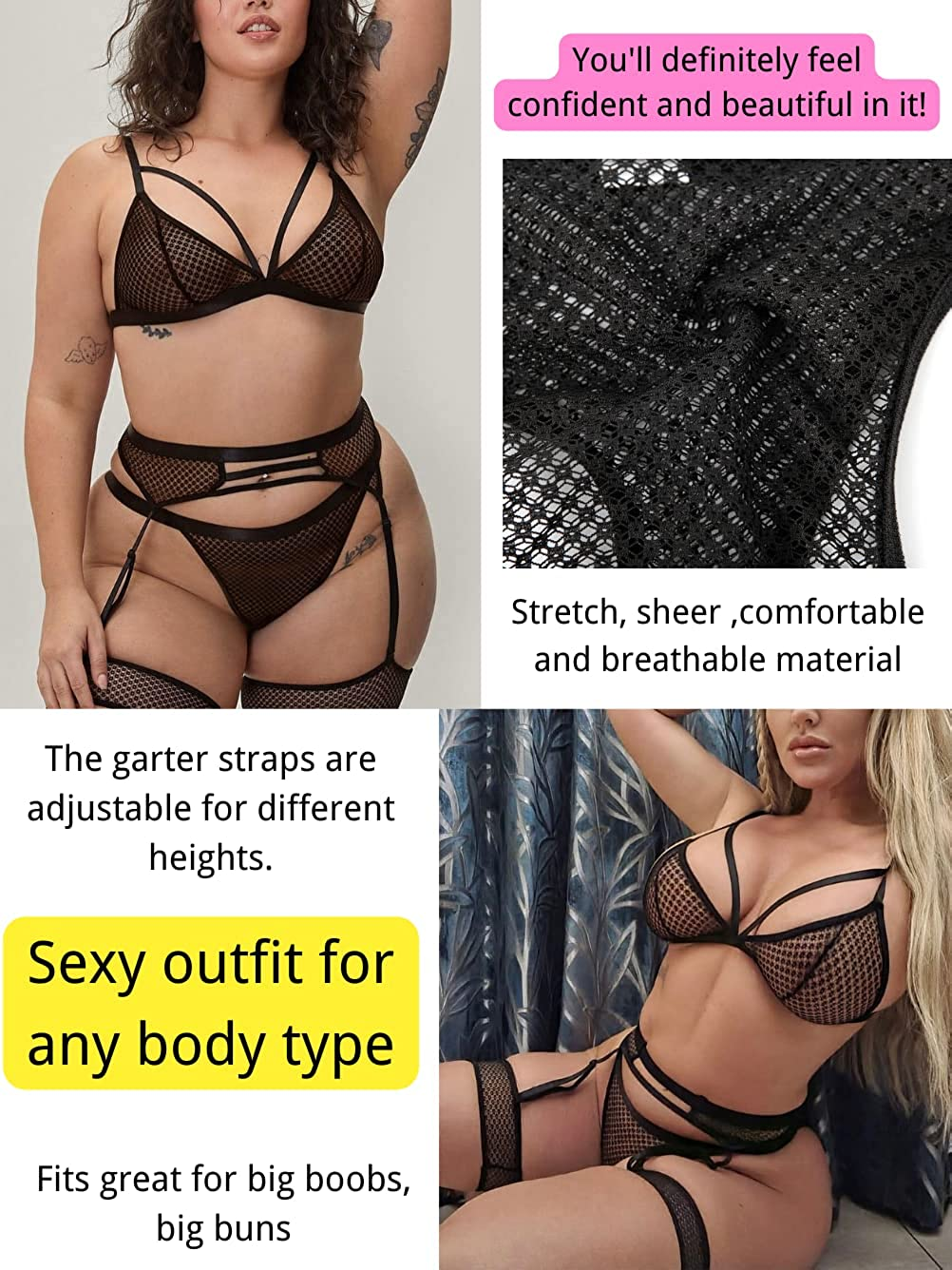 Kaei&Shi 4 Piece,Strappy Triangle Bralette,Thong,Thigh Bands,Garter Lingerie Set Apparel & Accessories > Clothing > Underwear & Socks > Lingerie Kaei&Shi   