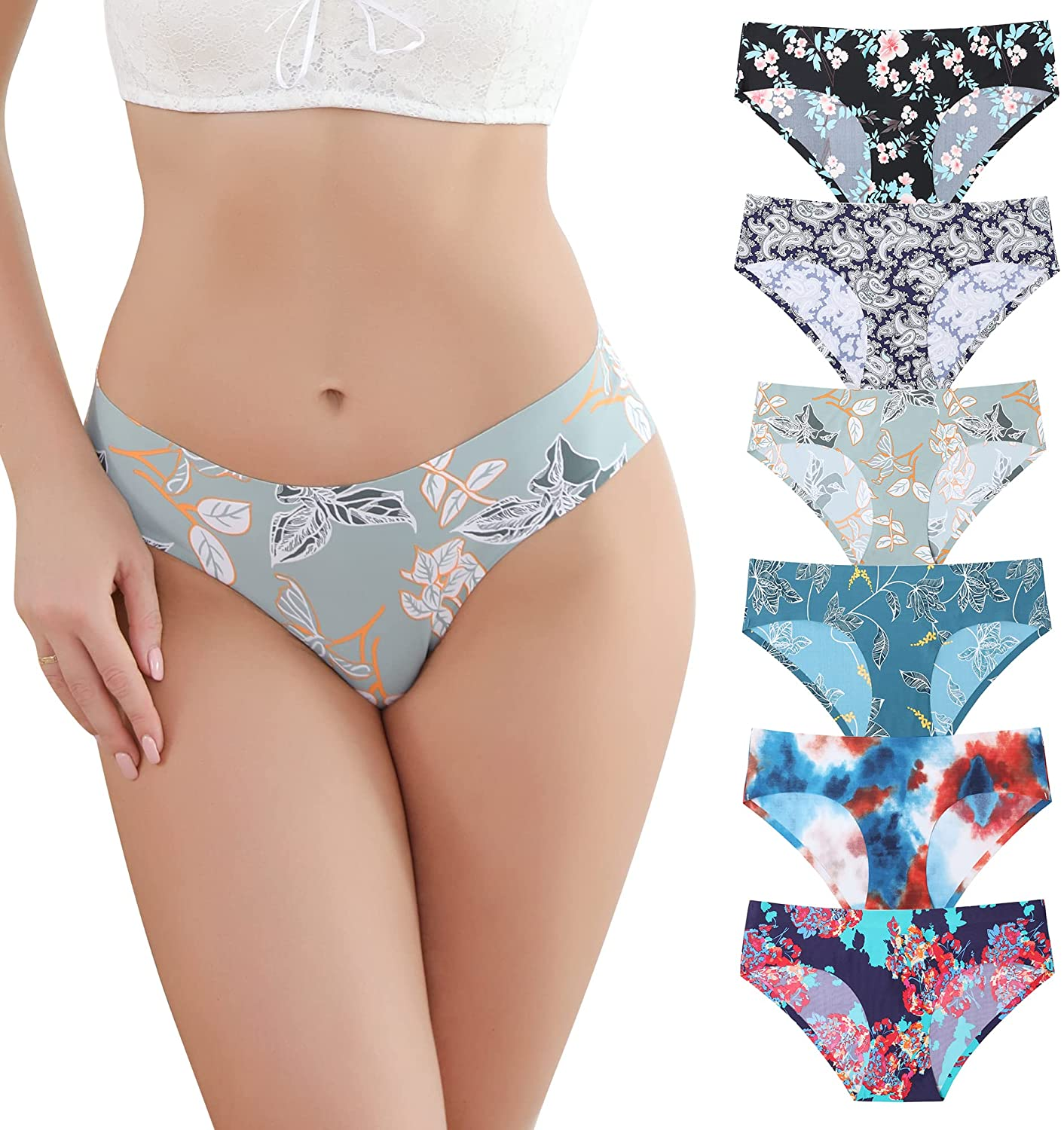 LEVAO Seamless Underwear for Women Soft Breathable Stretch Printed Briefs No Show Cheeky Bikini Panties Pack of 6 Apparel & Accessories > Clothing > Underwear & Socks > Underwear LEVAO 6-color Large 