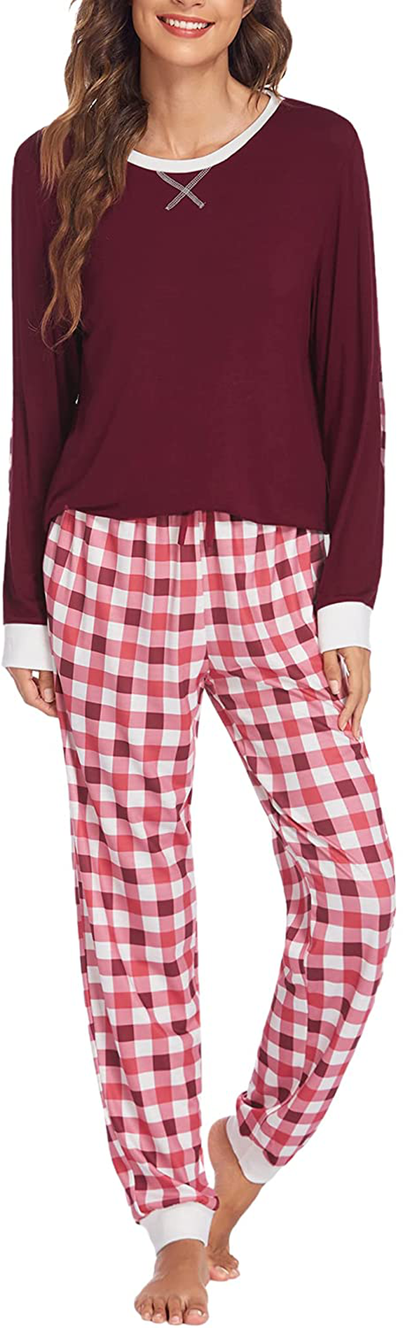 Ekouaer Women's Pajamas Sets Long Sleeve with Plaid Pants Soft Sleepwear O Neck 2 Piece Pjs Joggers Loung Set with Pockets Apparel & Accessories > Clothing > Sleepwear & Loungewear > Pajamas Ekouaer Pat20 Small 