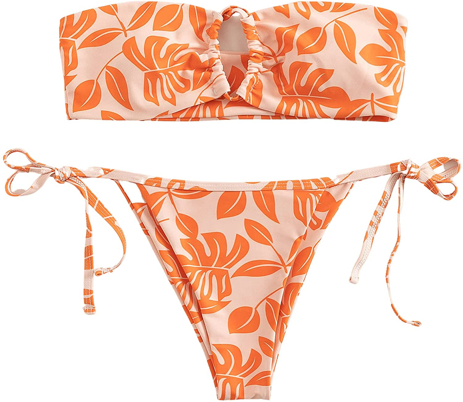 SOLY HUX Women's Floral Print Tie Front Bikini Bathing Suit 2 Piece Swimsuits Apparel & Accessories > Clothing > Swimwear KYLIE MAX Orange Small 