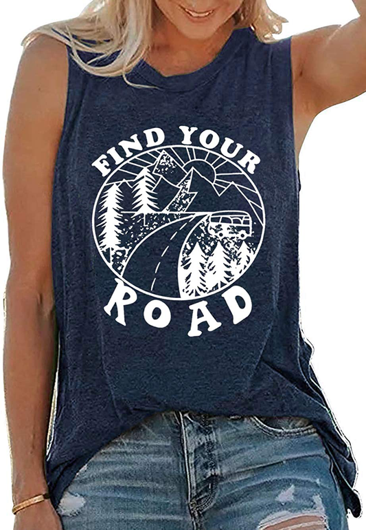 Umsuhu Find Your Road Shirts Tank Tops Women Sleeveless Summer Graphic Tank Tops Tee Shirts Apparel & Accessories > Clothing > Activewear Kylie Max   