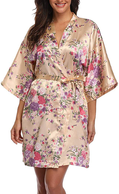 VOGMATE Women'S Floral Satin Short Robe for Bridesmaid Bride Silk Kimono Robe Dressing Gown for Wedding Party Apparel & Accessories > Clothing > Sleepwear & Loungewear > Robes VOGMATE   