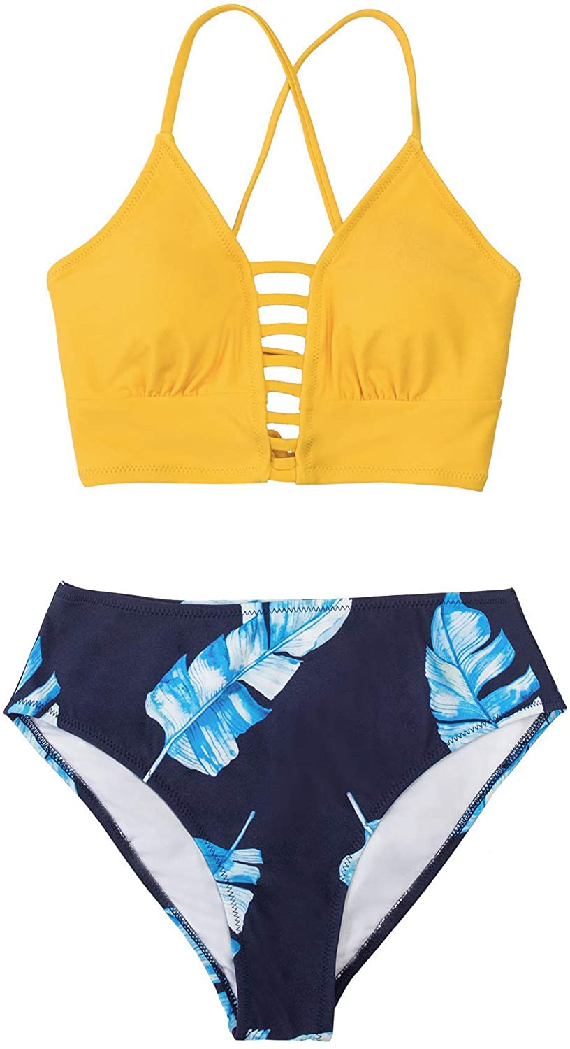 CUPSHE Women’s Bikini Swimsuit Floral Print Lace Up Multi Color Strappy Two Piece Bathing Suit Apparel & Accessories > Clothing > Swimwear KYLIE MAX Yellow Blue Large 