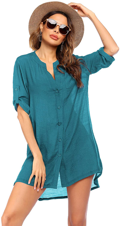 Ekouaer Women'S Cover up Shirt V-Neck Swimsuit Beach Bikini Beachwear Button down Bathing Suit S-3XL Apparel & Accessories > Clothing > Swimwear Kylie Max   