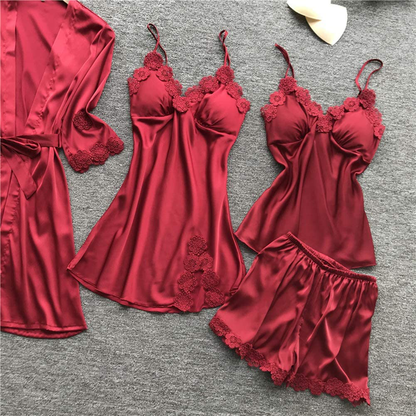 SAPJON Women'S 4Pcs Silk Satin Pajama Set Sexy Cami Top Nightgown Lace Sleepwear Robe Sets Nightdress with Chest Pads Apparel & Accessories > Clothing > Sleepwear & Loungewear Kylie Max   