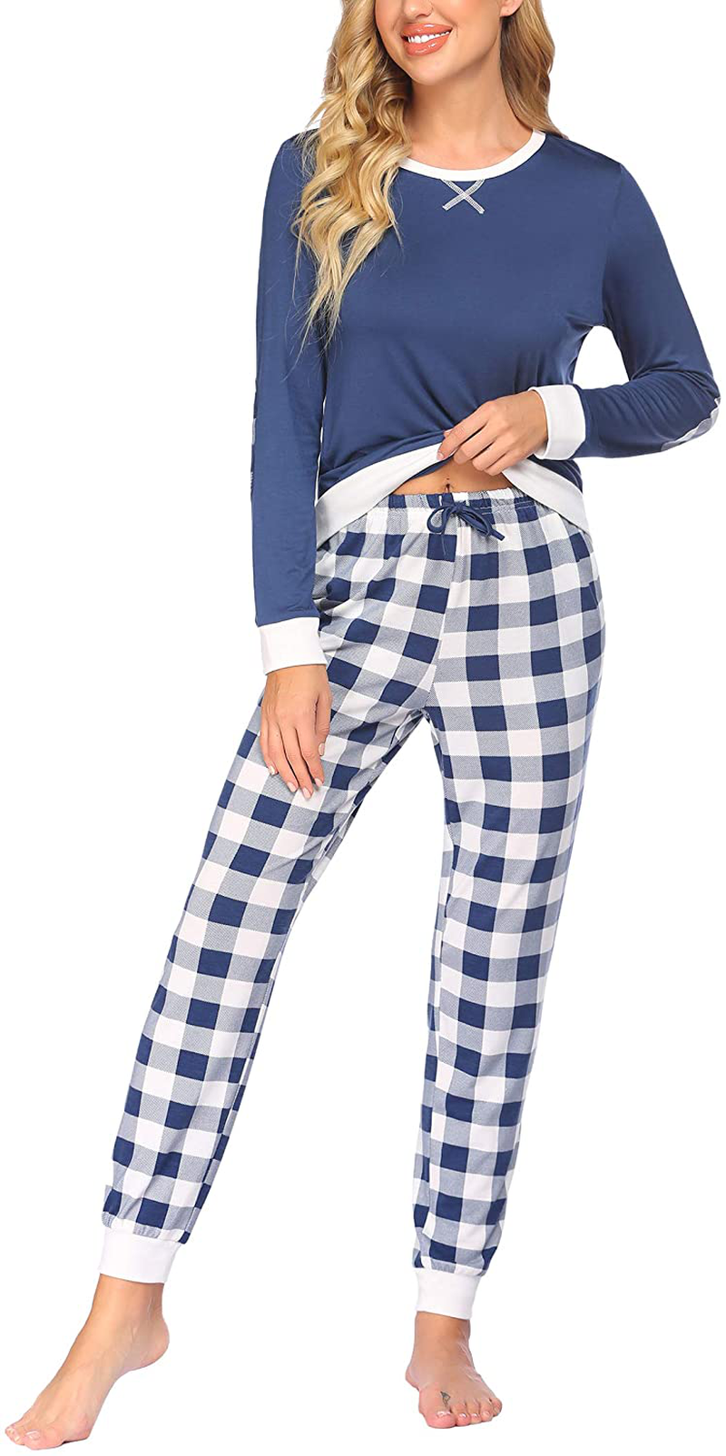 Ekouaer Women's Pajamas Sets Long Sleeve with Plaid Pants Soft Sleepwear O Neck 2 Piece Pjs Joggers Loung Set with Pockets Apparel & Accessories > Clothing > Sleepwear & Loungewear > Pajamas Ekouaer   