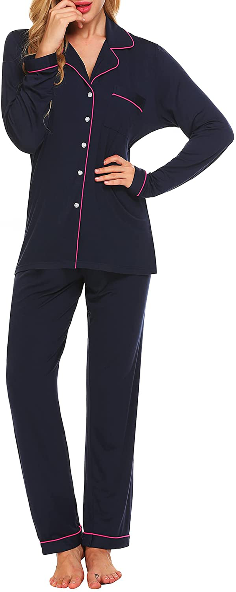 Ekouaer Pajamas Set Long Sleeve Sleepwear Womens Button down Nightwear Soft Pj Lounge Sets XS-XXL Apparel & Accessories > Clothing > Sleepwear & Loungewear > Pajamas Kylie Max   