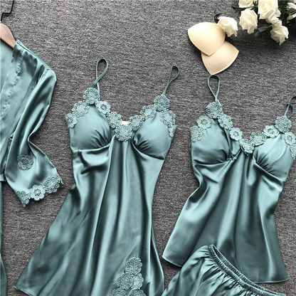 SAPJON Women'S 4Pcs Silk Satin Pajama Set Sexy Cami Top Nightgown Lace Sleepwear Robe Sets Nightdress with Chest Pads Apparel & Accessories > Clothing > Sleepwear & Loungewear Kylie Max   