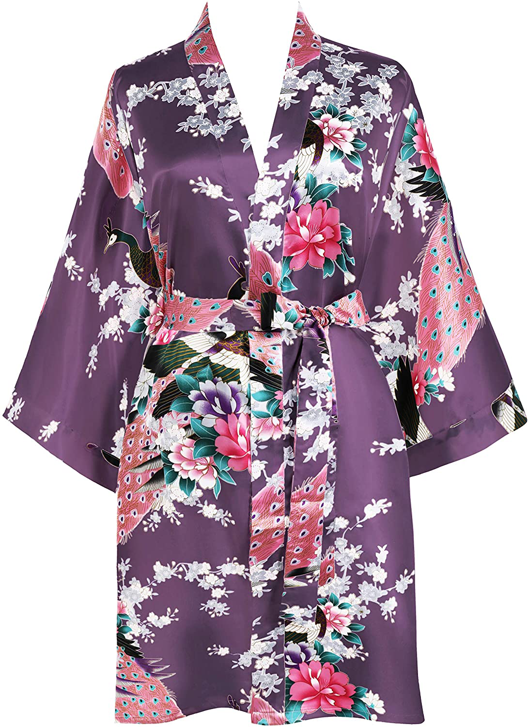 BABEYOND Short Kimono Robe Blouse Peacock Printed Kimono Cover up Loose Cardigen Apparel & Accessories > Clothing > Sleepwear & Loungewear > Robes KYLIE MAX Purple  