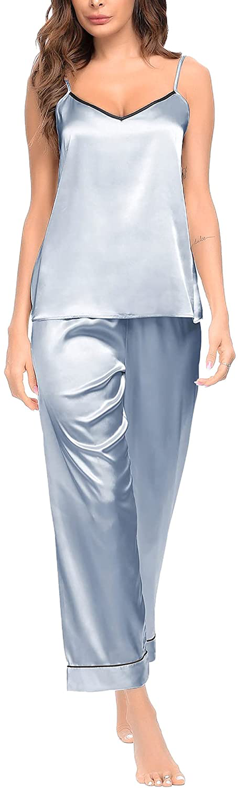 SWOMOG Womens Silk Satin Pajamas Set Two-Piece Pj Sets Cami Top and Capris Pants Sleepwear Apparel & Accessories > Clothing > Sleepwear & Loungewear Kylie Max   
