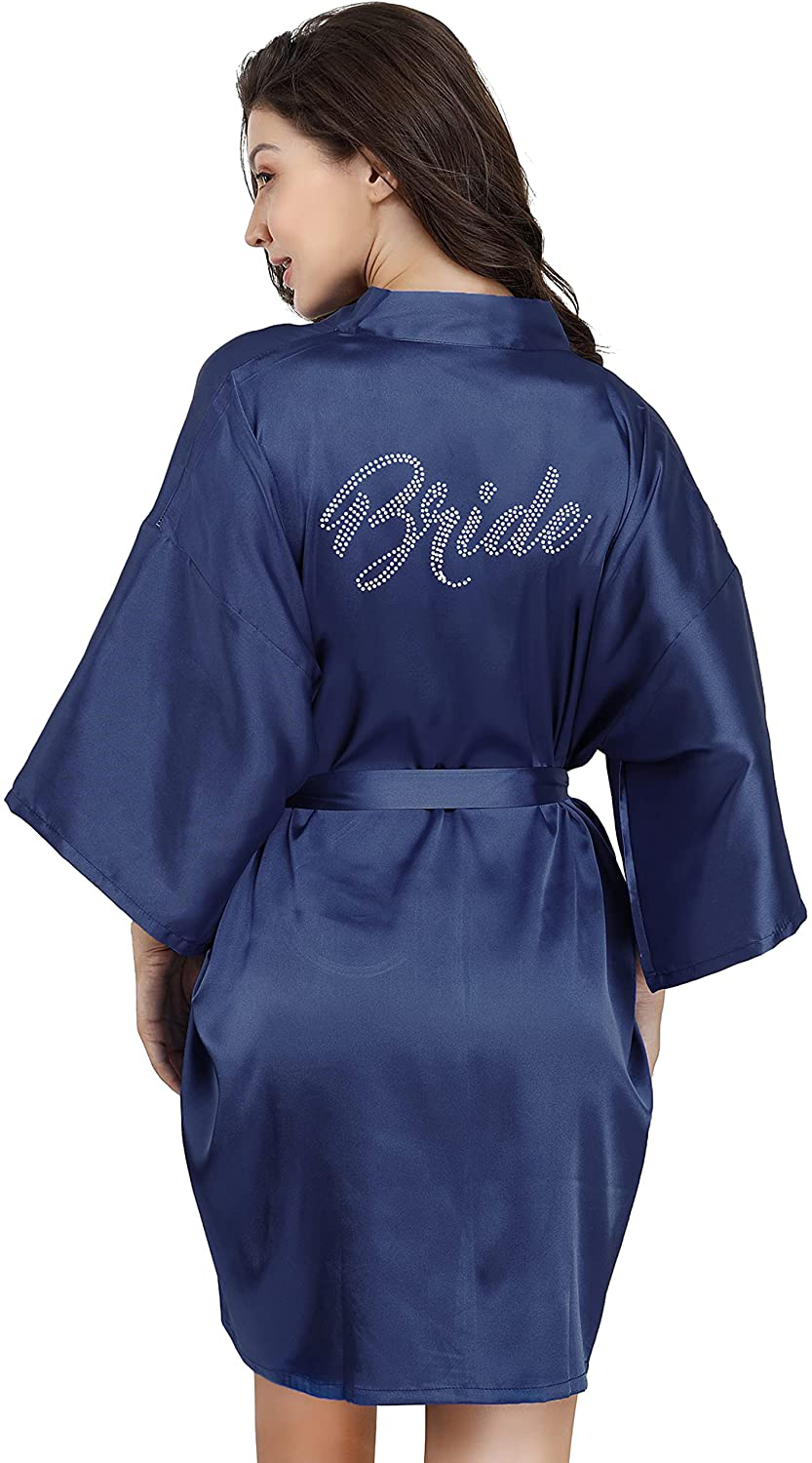 EPLAZA Women'S One Size Silver Rhinestones Bride Bridesmaid Short Satin Robes for Wedding Party Getting Ready Apparel & Accessories > Clothing > Sleepwear & Loungewear > Robes Kylie Max   