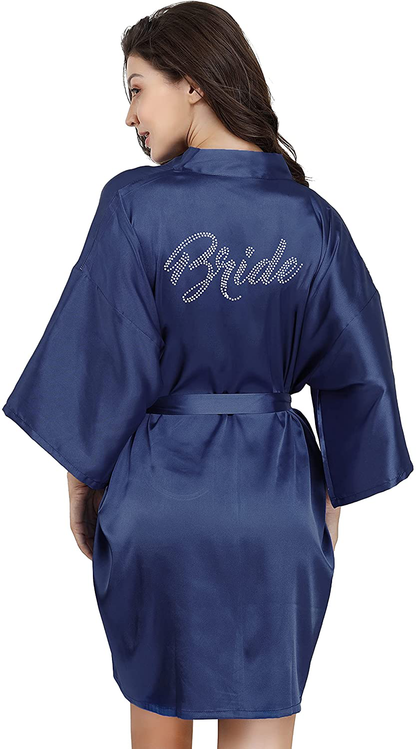 EPLAZA Women'S One Size Silver Rhinestones Bride Bridesmaid Short Satin Robes for Wedding Party Getting Ready Apparel & Accessories > Clothing > Sleepwear & Loungewear > Robes Kylie Max   