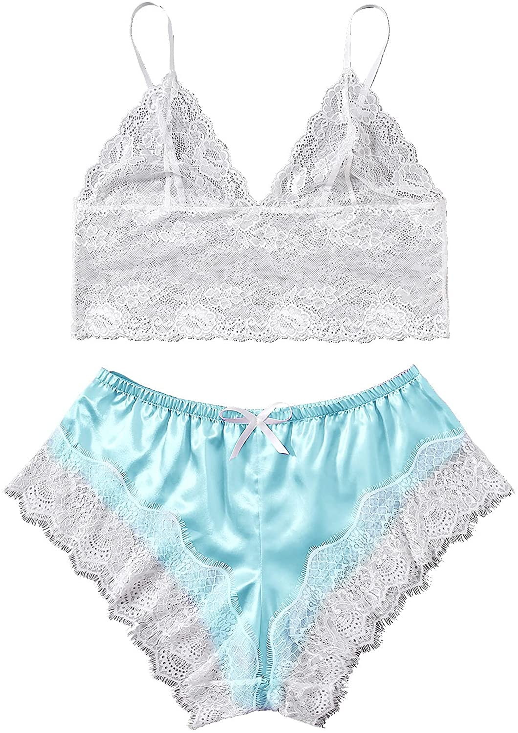 SOLY HUX Women'S plus Size Spaghetti Strap Lace Trim Bralette and Shorts Sleepwear Pajama Lingerie Set Apparel & Accessories > Clothing > Underwear & Socks > Lingerie KYLIE MAX Light Blue X-Large Plus 