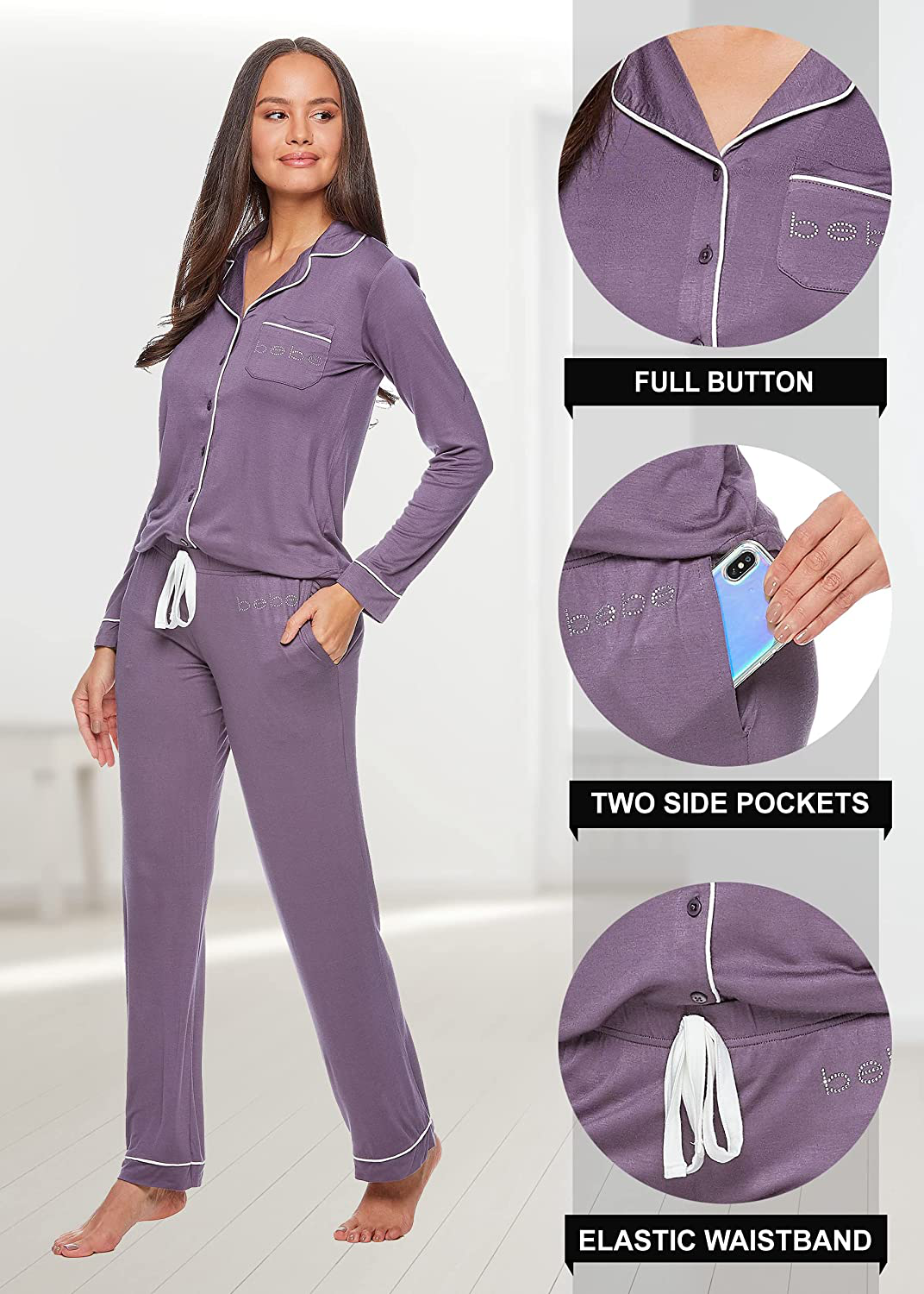 bebe Womens Button Down Long Sleeve Shirt and Pajama Pants Lounge Sleep Set Apparel & Accessories > Clothing > Sleepwear & Loungewear > Pajamas bebe   
