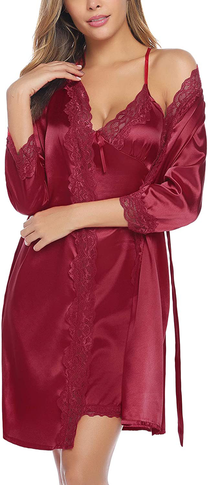 Sykooria Sexy Satin Robes for Women Lace Pajamas Set 2 Piece Sleepwear Ladies Lingerie Nightgown for Bride Party Apparel & Accessories > Clothing > Sleepwear & Loungewear > Robes Sykooria   
