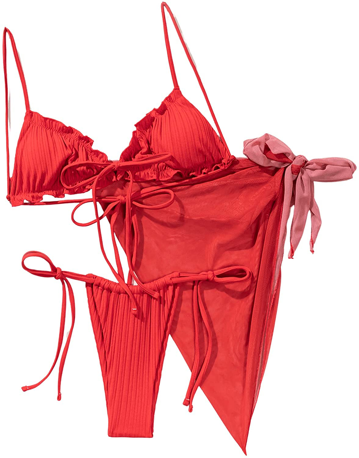 SOLY HUX Women's Wrap Triangle Bikini Bathing Suits with Mesh Beach Skirt 3 Piece Swimsuits Apparel & Accessories > Clothing > Swimwear KYLIE MAX Red Plain Medium 