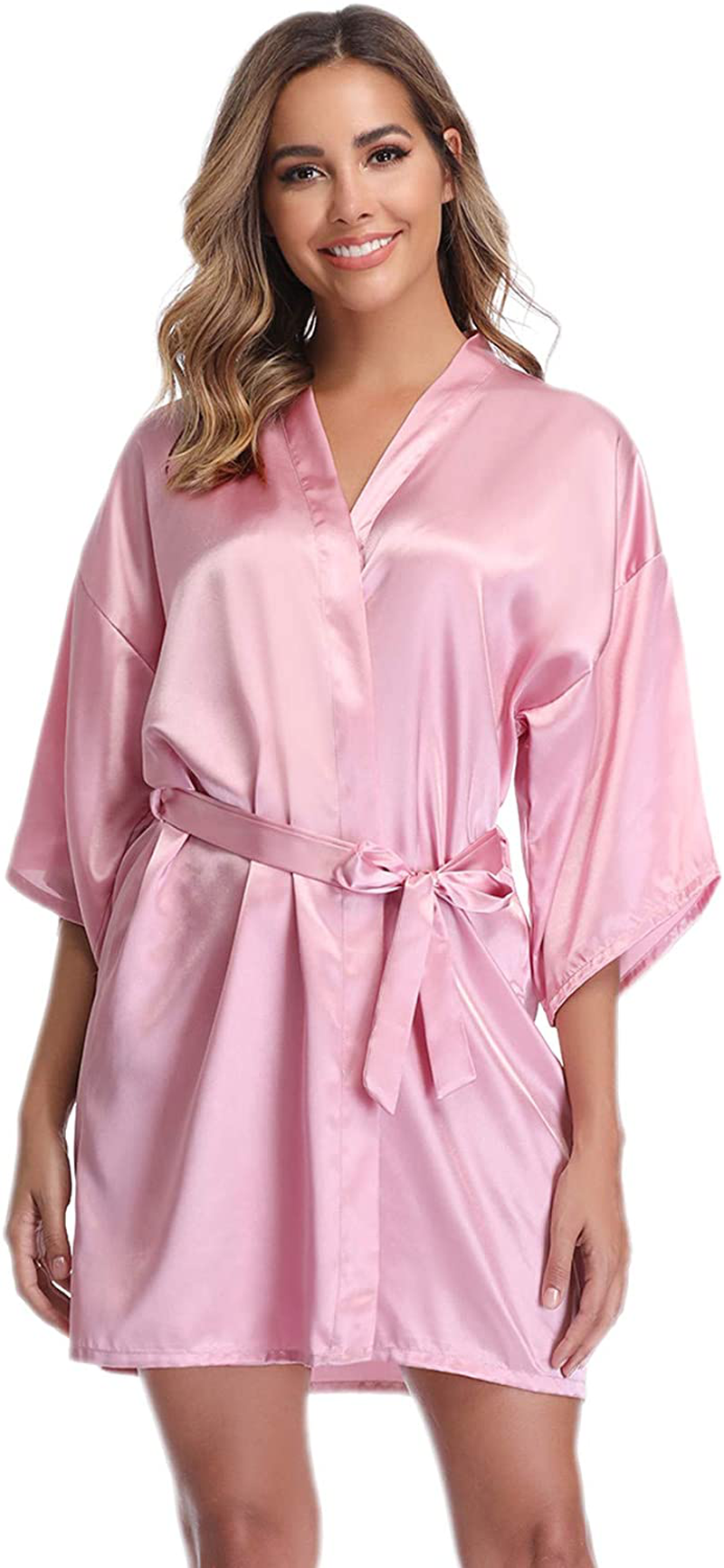Vlazom Women'S Kimono Robes Short Satin Pure Color Bridal Party Robe with Oblique V-Neck Apparel & Accessories > Clothing > Sleepwear & Loungewear > Robes KYLIE MAX Dusky Rose Small 