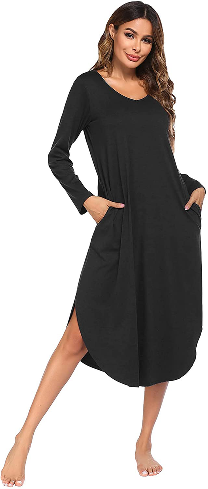 Ekouaer Nightgowns Womens V Neck Nightshirts Long Sleeve Sleepwear plus Size Night Wear S-XXL Apparel & Accessories > Clothing > Sleepwear & Loungewear > Nightgowns Kylie Max   