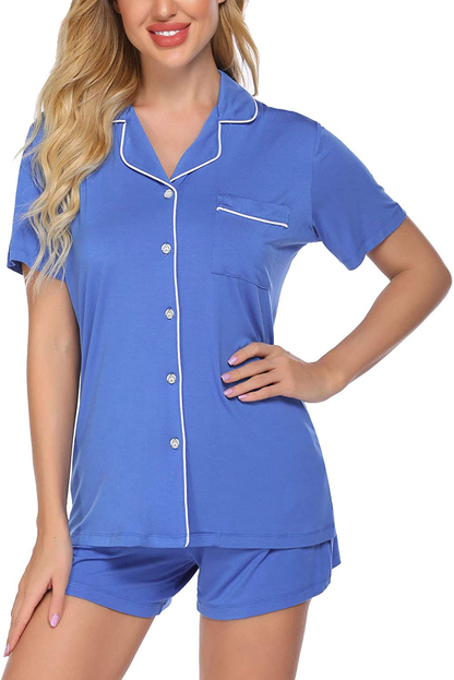 Ekouaer Pajamas Set Short Sleeve Sleepwear Womens Button Down Nightwear Soft Pj Lounge Sets XS-XXL Apparel & Accessories > Clothing > Sleepwear & Loungewear > Pajamas Ekouaer Blue Large 