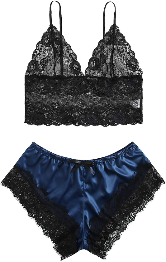 SOLY HUX Women'S plus Size Spaghetti Strap Lace Trim Bralette and Shorts Sleepwear Pajama Lingerie Set Apparel & Accessories > Clothing > Underwear & Socks > Lingerie KYLIE MAX Navy XX-Large Plus 