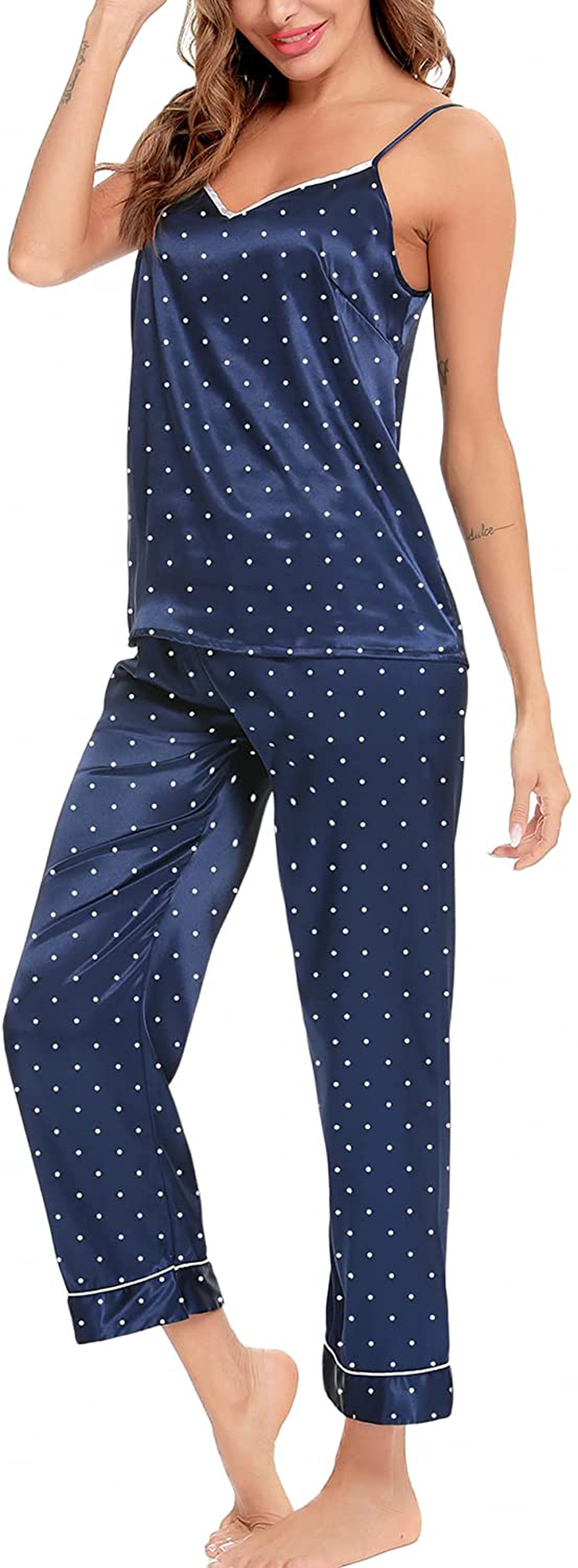 SWOMOG Womens Silk Satin Pajamas Set Two-Piece Pj Sets Cami Top and Capris Pants Sleepwear Apparel & Accessories > Clothing > Sleepwear & Loungewear Kylie Max   