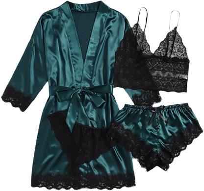 SOLY HUX Women'S Sleepwear 4Pcs Floral Lace Trim Satin Cami Pajama Set with Robe Apparel & Accessories > Clothing > Sleepwear & Loungewear Kylie Max   