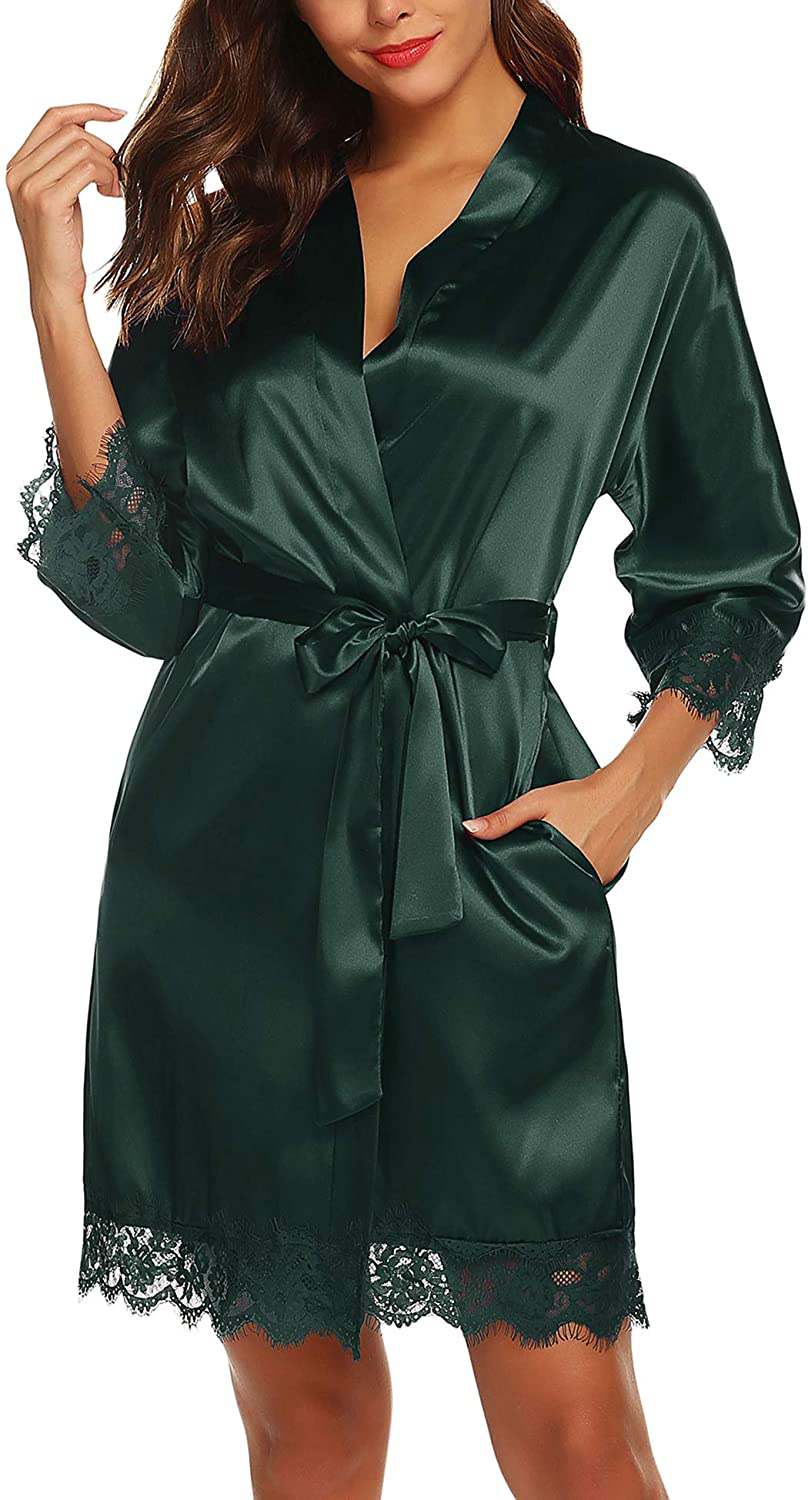 URRU Women'S Satin Silk Bathrobe Oblique V-Neck Short Kimono Robe Bridesmaids Robe S-XXXL Apparel & Accessories > Clothing > Sleepwear & Loungewear > Robes KYLIE MAX   
