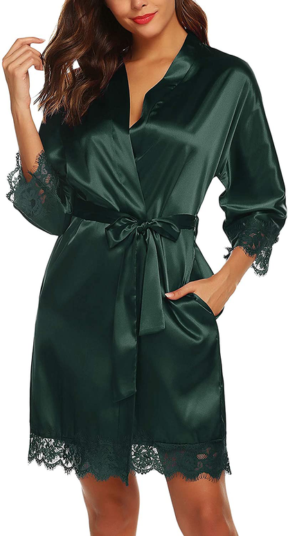 URRU Women'S Satin Silk Bathrobe Oblique V-Neck Short Kimono Robe Bridesmaids Robe S-XXXL Apparel & Accessories > Clothing > Sleepwear & Loungewear > Robes KYLIE MAX   