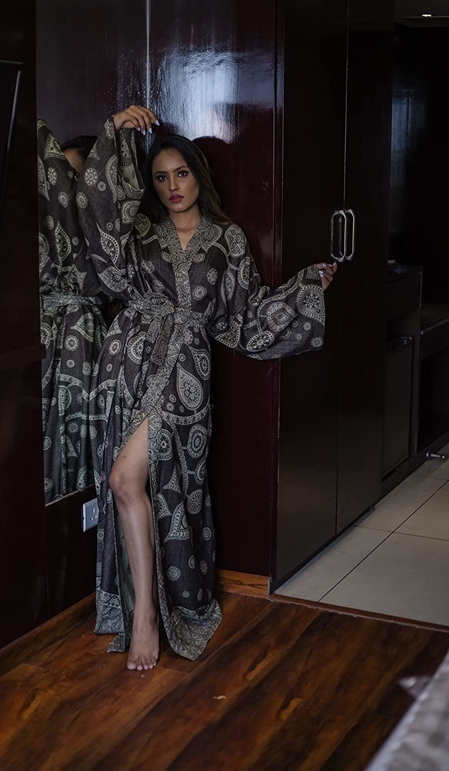 Cashmere Kimono Robe Long Robes with Nature Printed Handmade Nightgown MADE in INDIA Apparel & Accessories > Clothing > Sleepwear & Loungewear > Robes Generic   