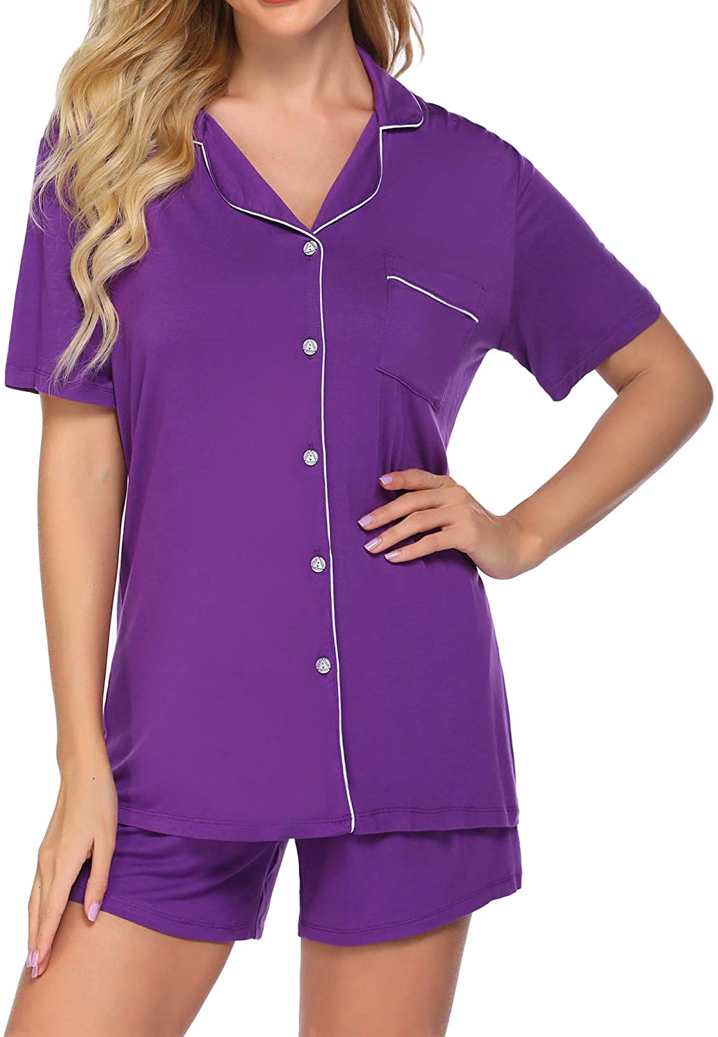 Ekouaer Pajamas Set Short Sleeve Sleepwear Womens Button Down Nightwear Soft Pj Lounge Sets XS-XXL Apparel & Accessories > Clothing > Sleepwear & Loungewear > Pajamas Ekouaer Wineberry XX-Large 