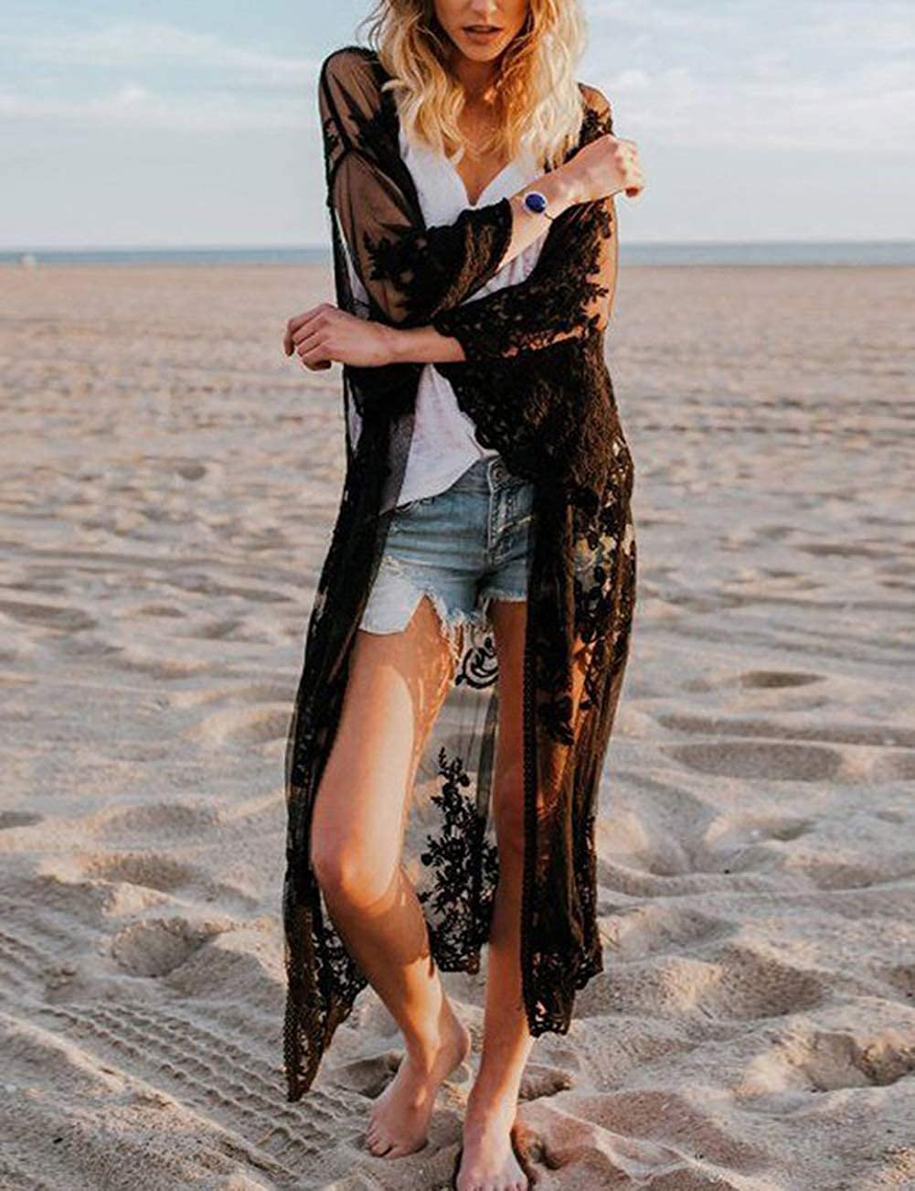 Bsubseach Women Sexy Lace Crochet Open Front Swimsuit Beach Long Kimono Cover Ups Apparel & Accessories > Clothing > Swimwear Kylie Max   