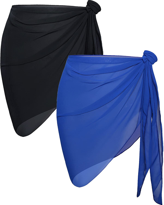 CHICGAL 2 Pieces Women Beach Sarong Bathing Suit Wrap Skirt Sheer Bikini Swimsuit Cover Ups for Swimwear Apparel & Accessories > Clothing > Swimwear Kylie Max Black and Blue  