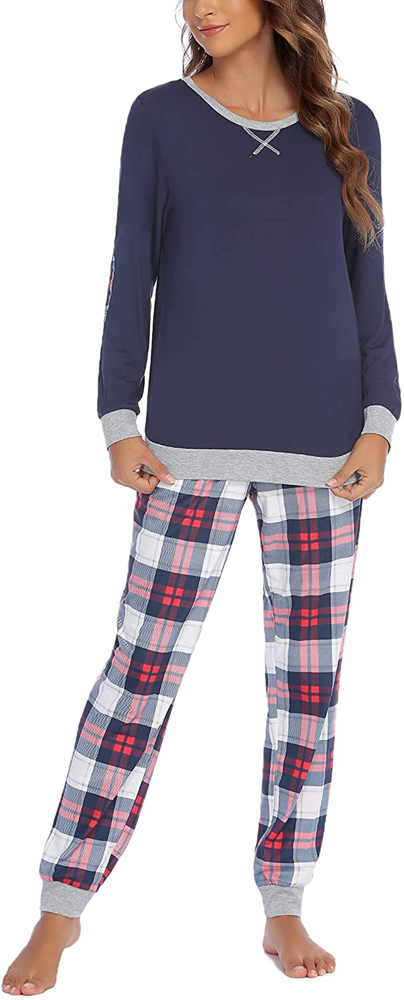 Ekouaer Women's Pajamas Sets Long Sleeve with Plaid Pants Soft Sleepwear O Neck 2 Piece Pjs Joggers Loung Set with Pockets Apparel & Accessories > Clothing > Sleepwear & Loungewear > Pajamas Ekouaer   