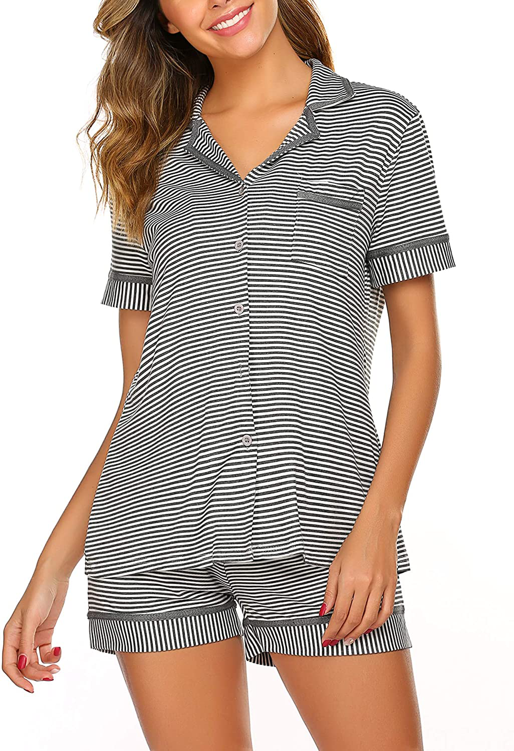 Ekouaer Pajamas Soft Striped Women's Short Sleeve Button Sleepwear Shorts Shirt PJ Set(S-XXL) Apparel & Accessories > Clothing > Sleepwear & Loungewear > Pajamas Ekouaer D-dark Grey Striped XX-Large 
