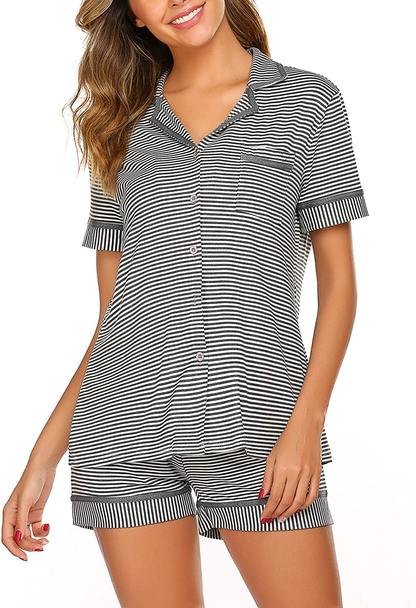 Ekouaer Pajamas Soft Striped Women's Short Sleeve Button Sleepwear Shorts Shirt PJ Set(S-XXL) Apparel & Accessories > Clothing > Sleepwear & Loungewear > Pajamas Ekouaer D-dark Grey Striped XX-Large 