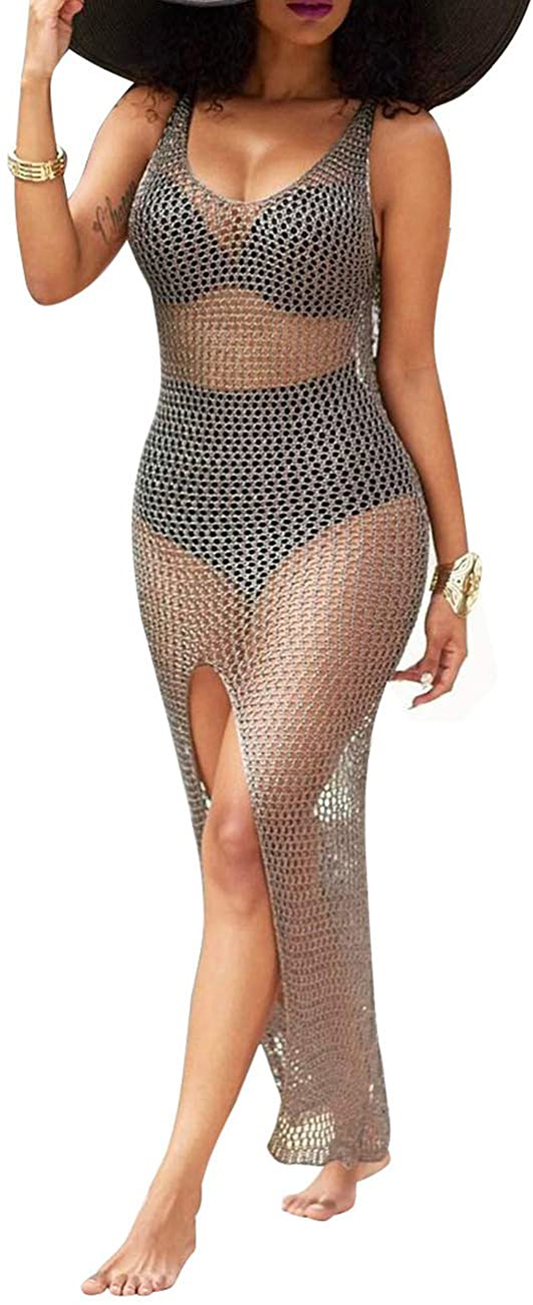 Perzeal Women'S Sexy Sleeveless Swimsuit Cover Ups Sheer Crochet plus Size Beach Bikini See through Swimwear Maxi Dresses Apparel & Accessories > Clothing > Swimwear Kylie Max   
