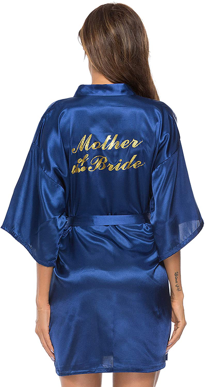 Vlazom Women'S Satin Robe Short Kimono for Bride & Bridesmaid Wedding Party Robes with Gold Glitter or Rhinestones Apparel & Accessories > Clothing > Sleepwear & Loungewear > Robes KYLIE MAX C-dark Blue-mother of Bride Large 