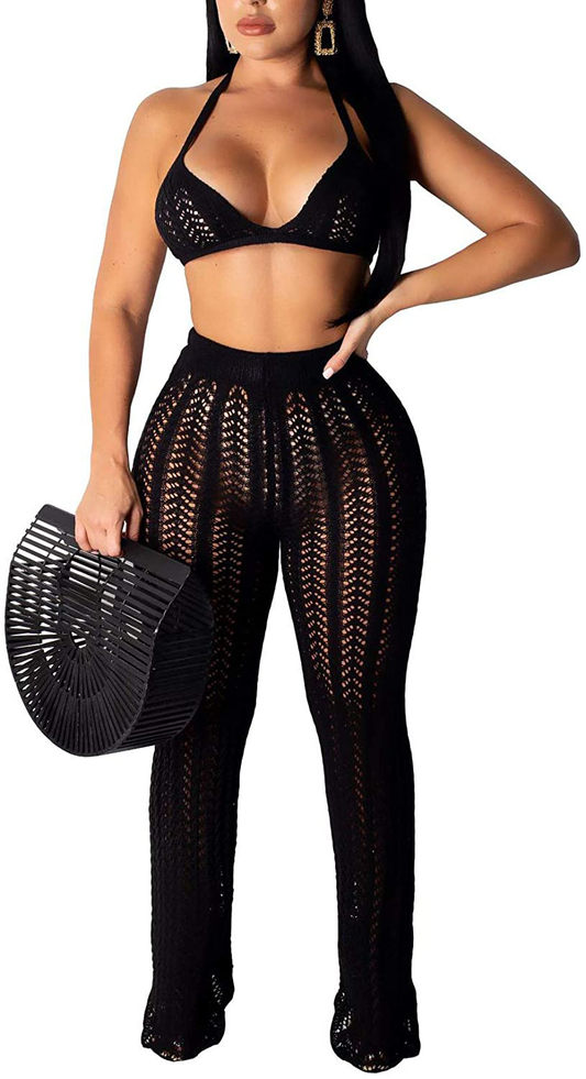 Salimdy Women Hollow Out Knitted See through 2 Piece Outfits Halter Bandeau Top Long Pant Bikini Cover Up Apparel & Accessories > Clothing > Swimwear Kylie Max   