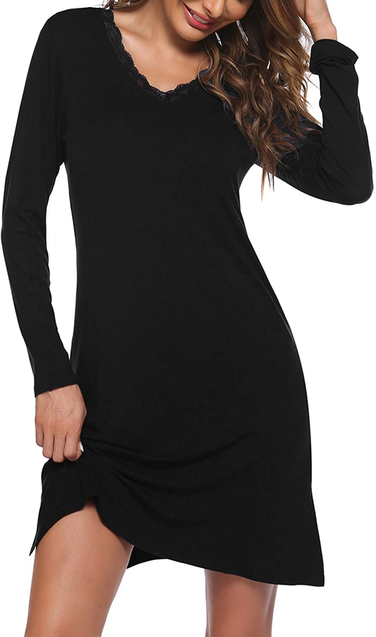 Ekouaer Sleepshirt for Women Sexy Nightgowns Long Sleeve Sleepwear Night Dress V-Neck Nightwear Gown Loungewear S-XXL Apparel & Accessories > Clothing > Sleepwear & Loungewear > Nightgowns Kylie Max   