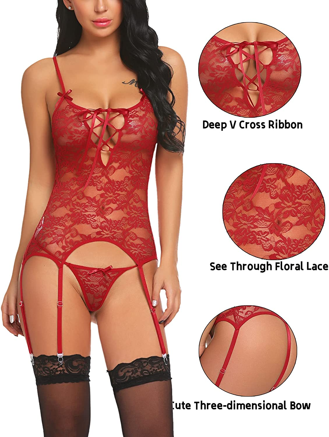 Avidlove Women Lace Bodysuit Lingerie Set Babydoll Chemise with Garter Belts Apparel & Accessories > Clothing > Underwear & Socks > Lingerie Avidlove   