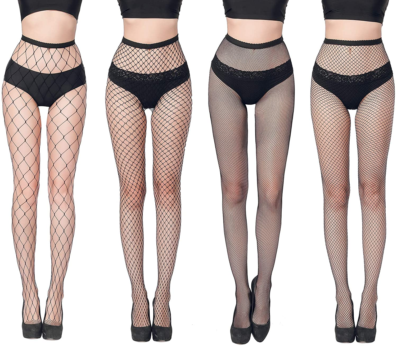 FLORA GUARD High Waist Tights Fishnet Stockings, High Waist Sexy Fishnets Pantyhose - 4 Pairs Apparel & Accessories > Clothing > Underwear & Socks > Shapewear FLORA GUARD Black  