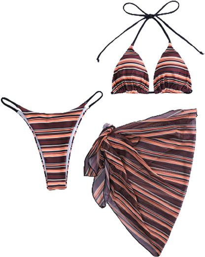 SOLY HUX Women's Wrap Triangle Bikini Bathing Suits with Mesh Beach Skirt 3 Piece Swimsuits Apparel & Accessories > Clothing > Swimwear KYLIE MAX Striped Multicoloured Medium 