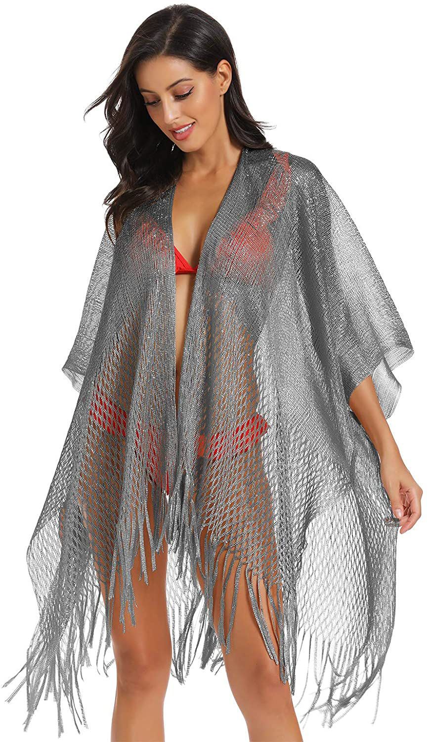 Metallic Sparkly Kimono Cardigan Swimsuit Beach Bikini Cover Ups Open Front Casual Blouse Tops Apparel & Accessories > Clothing > Swimwear Kylie Max   