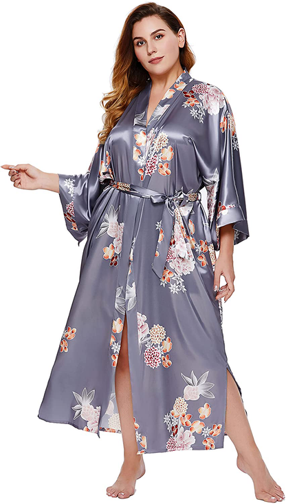 BABEYOND Long Kimono Robe plus Size Floral Satin Robes plus Size Kimono Cover up Loose Cardigan Top Bachelorette Party Robe Apparel & Accessories > Clothing > Sleepwear & Loungewear > Robes KYLIE MAX Gray  