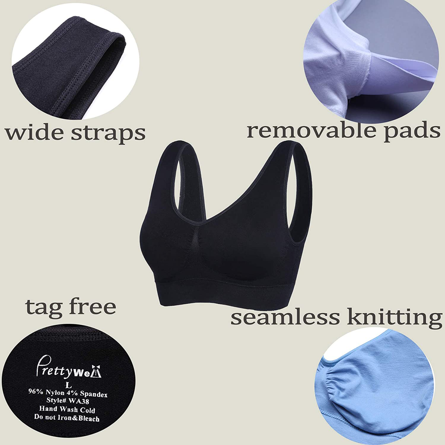 PRETTYWELL Sleep Bras for Women, Comfort Seamless Wireless Stretchy Sports Bra,3 Pack Yoga Bras, with Removable Pads Apparel & Accessories > Clothing > Underwear & Socks > Bras Kylie Max   