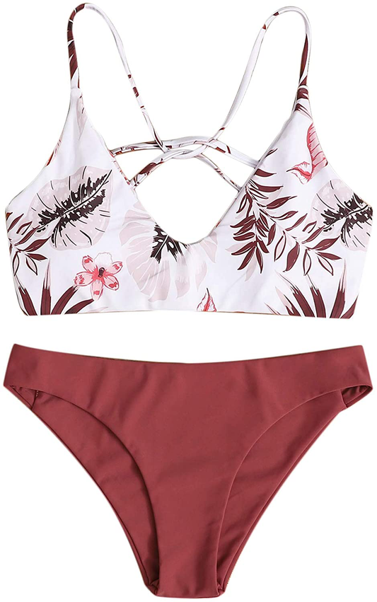 SweatyRocks Women's Sexy Bathing Suit Floral Print Cross Back Bikini Set Swimsuits Apparel & Accessories > Clothing > Swimwear SweatyRocks Burgundy-2 Small 