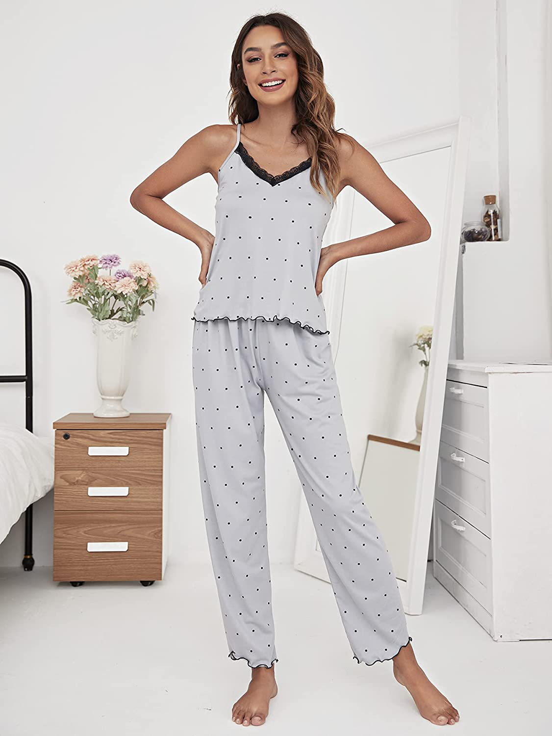 Verdusa Women'S 2 Piece Polka Dots Lace Cami Top and Pants Sleepwear Pajama Set Apparel & Accessories > Clothing > Sleepwear & Loungewear Kylie Max   