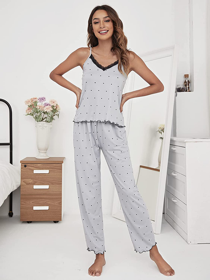 Verdusa Women'S 2 Piece Polka Dots Lace Cami Top and Pants Sleepwear Pajama Set Apparel & Accessories > Clothing > Sleepwear & Loungewear Kylie Max   