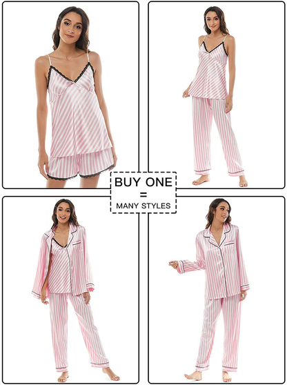 Escalier Womens 5Pcs Silk Satin Pajama Set Cami Pjs Sleepwear Button down Pj Sets Loungewear Apparel & Accessories > Clothing > Sleepwear & Loungewear Kylie Max   