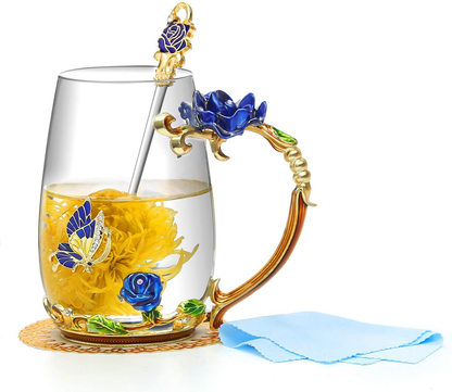 Luka Tech Enamels Butterfly flower Lead-free Glass Coffee Mugs Tea Cup with Steel Spoon, Best Birthday Gifts For Women Wife Mom Friends Mothers Valentines Day Christmas (Purple-Tall) Arts & Entertainment > Party & Celebration > Gift Giving Luka Tech Blue-Tall  